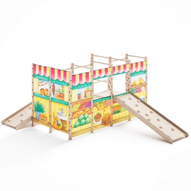 tuppa mõeldud ronila mänguväljak koos kahe kaldtee ronimisseinaga